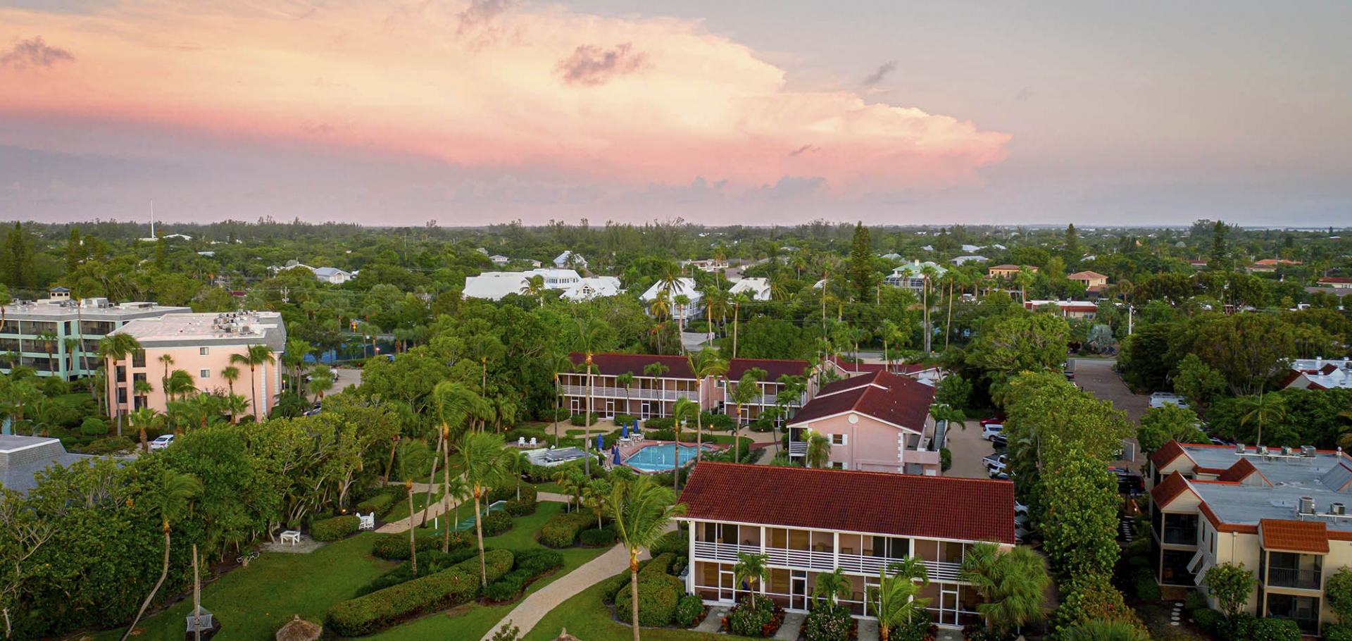 Aerial view of Sanibel's Song of the Sea Inn, a top-rated Sanibel Island resort